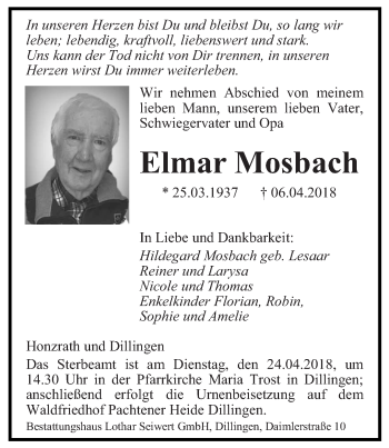 Todesanzeige von Elmar Mosbach von saarbruecker_zeitung