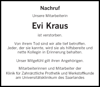 Todesanzeige von Evi Kraus von saarbruecker_zeitung