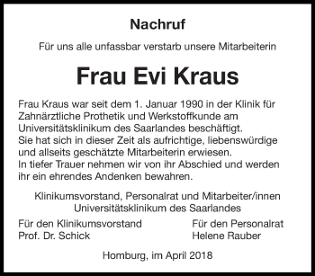 Todesanzeige von Evi Kraus von saarbruecker_zeitung