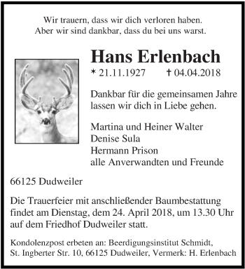 Todesanzeige von Hans Erlenbach von saarbruecker_zeitung
