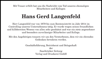 Todesanzeige von Hans Gerd Langenfeld von saarbruecker_zeitung
