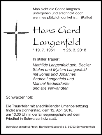 Todesanzeige von Hans Gerd Langenfeld von saarbruecker_zeitung