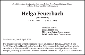 Todesanzeige von Helga Feuerbach von saarbruecker_zeitung