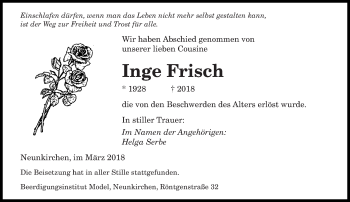 Todesanzeige von Inge Frisch von saarbruecker_zeitung