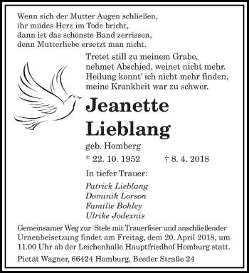 Todesanzeige von Jeanette Lieblang von saarbruecker_zeitung