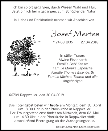 Todesanzeige von Josef Mertes von saarbruecker_zeitung