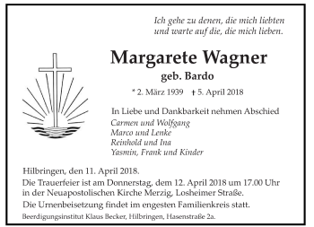 Todesanzeige von Margarete Wagner von saarbruecker_zeitung