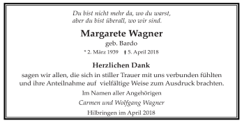 Todesanzeige von Margarete Wagner von saarbruecker_zeitung