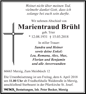 Todesanzeige von Marientraud Brühl von saarbruecker_zeitung