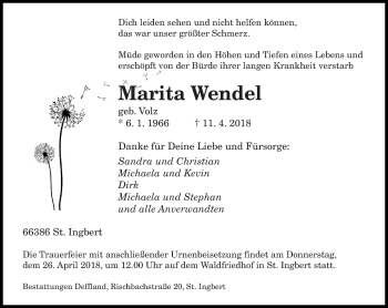 Todesanzeige von Marita Wendel von saarbruecker_zeitung