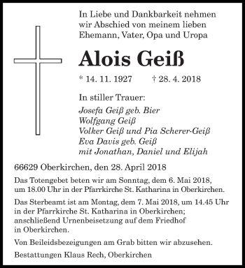 Todesanzeige von Alois Geiß von saarbruecker_zeitung