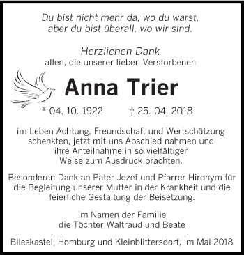 Todesanzeige von Anna Trier von saarbruecker_zeitung