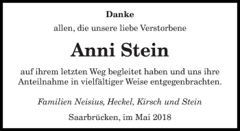 Todesanzeige von Anni Stein von saarbruecker_zeitung