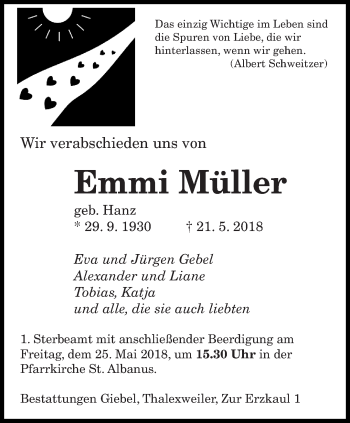 Todesanzeige von Emmi Müller von saarbruecker_zeitung