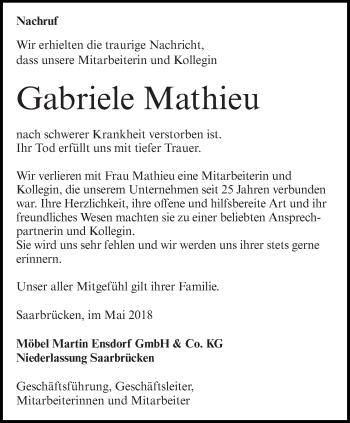 Todesanzeige von Gabriele Mathieu von saarbruecker_zeitung