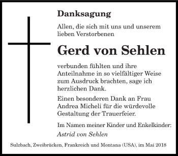 Todesanzeige von Gerd von Sehlen von saarbruecker_zeitung