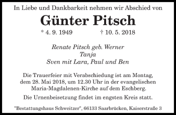 Todesanzeige von Günter Pitsch von saarbruecker_zeitung
