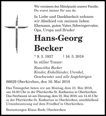 Todesanzeige von Hans-Georg Becker von saarbruecker_zeitung