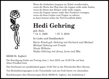 Todesanzeige von Hedi Gehring von saarbruecker_zeitung