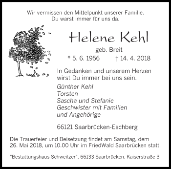 Todesanzeige von Helene Kehl von saarbruecker_zeitung