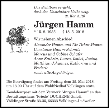 Todesanzeige von Jürgen Hamm von saarbruecker_zeitung