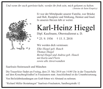 Todesanzeige von Karl-Heinz Hiegel von saarbruecker_zeitung