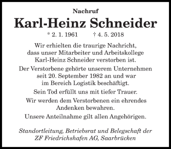 Todesanzeige von Karl-Heinz Schneider von saarbruecker_zeitung