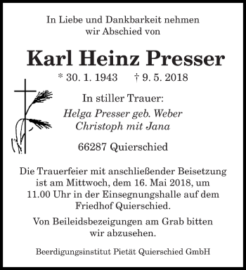 Todesanzeige von Karl Heinz Presser von saarbruecker_zeitung