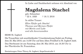 Todesanzeige von Magdalena Stachel von saarbruecker_zeitung