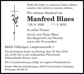 Todesanzeige von Manfred Blaes von saarbruecker_zeitung