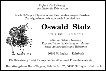 Todesanzeige von Oswald Stolz von saarbruecker_zeitung