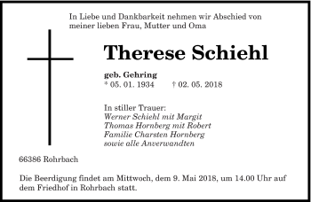 Todesanzeige von Therese Schiehl von saarbruecker_zeitung