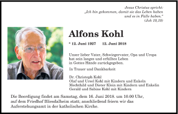 Todesanzeige von Alfons Kohl von saarbruecker_zeitung
