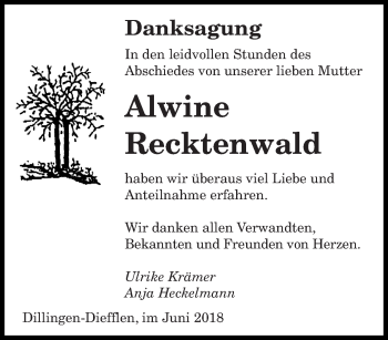 Todesanzeige von Alwine Recktenwald von saarbruecker_zeitung