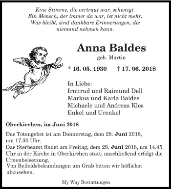 Todesanzeige von Anna Baldes von saarbruecker_zeitung