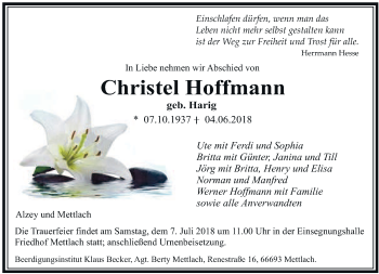 Todesanzeige von Christel Hoffmann von saarbruecker_zeitung