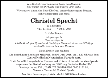 Todesanzeige von Christel Specht von saarbruecker_zeitung