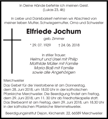 Todesanzeige von Elfriede Jochum von saarbruecker_zeitung