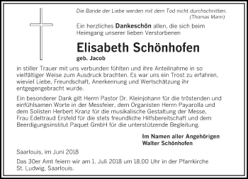 Todesanzeige von Elisabeth Schönhofen von saarbruecker_zeitung