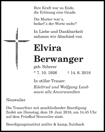 Todesanzeige von Elvira Berwanger von saarbruecker_zeitung
