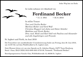 Todesanzeige von Ferdinand Becker von saarbruecker_zeitung