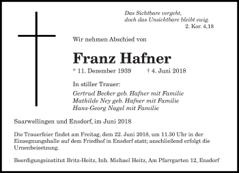 Todesanzeige von Franz Hafner von saarbruecker_zeitung