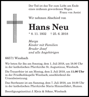 Todesanzeige von Hans Neu von saarbruecker_zeitung