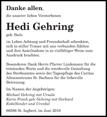 Todesanzeige von Hedi Gehring von saarbruecker_zeitung