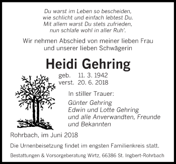 Todesanzeige von Heidi Gehring von saarbruecker_zeitung