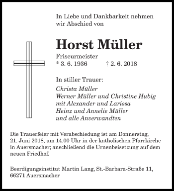 Todesanzeige von Horst Müller von saarbruecker_zeitung