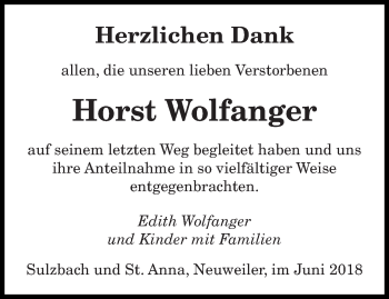 Todesanzeige von Horst Wolfanger von saarbruecker_zeitung