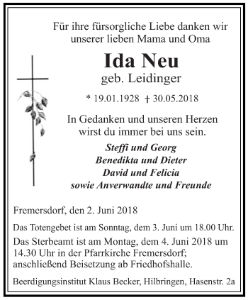 Todesanzeige von Ida Neu von saarbruecker_zeitung