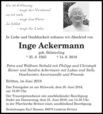 Todesanzeige von Inge Ackermann von saarbruecker_zeitung