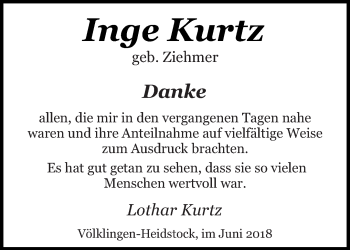 Todesanzeige von Inge Kurtz von saarbruecker_zeitung